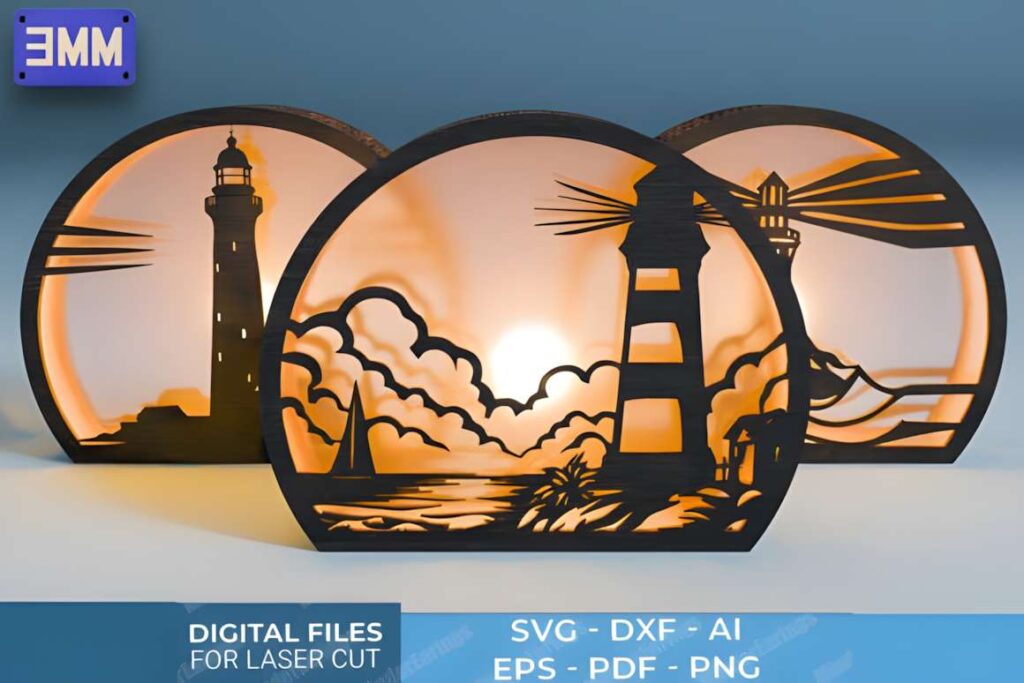 3D Lighthouse Lantern Laser Cut Files 3D laser cut files of lighthouse lanterns with coastal scenes and illuminated backgrounds