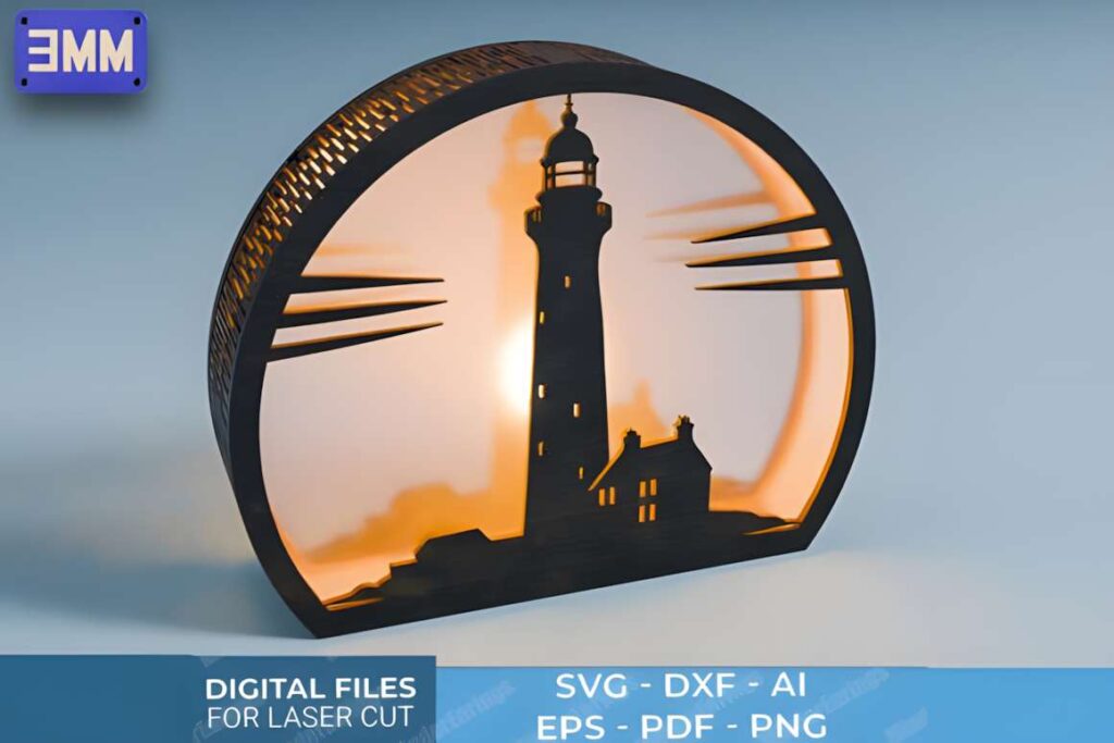 3D Lighthouse Lantern Laser Cut Files Poster 2 3D laser cut files of a lighthouse lantern with illuminated coastal scene in a circular frame