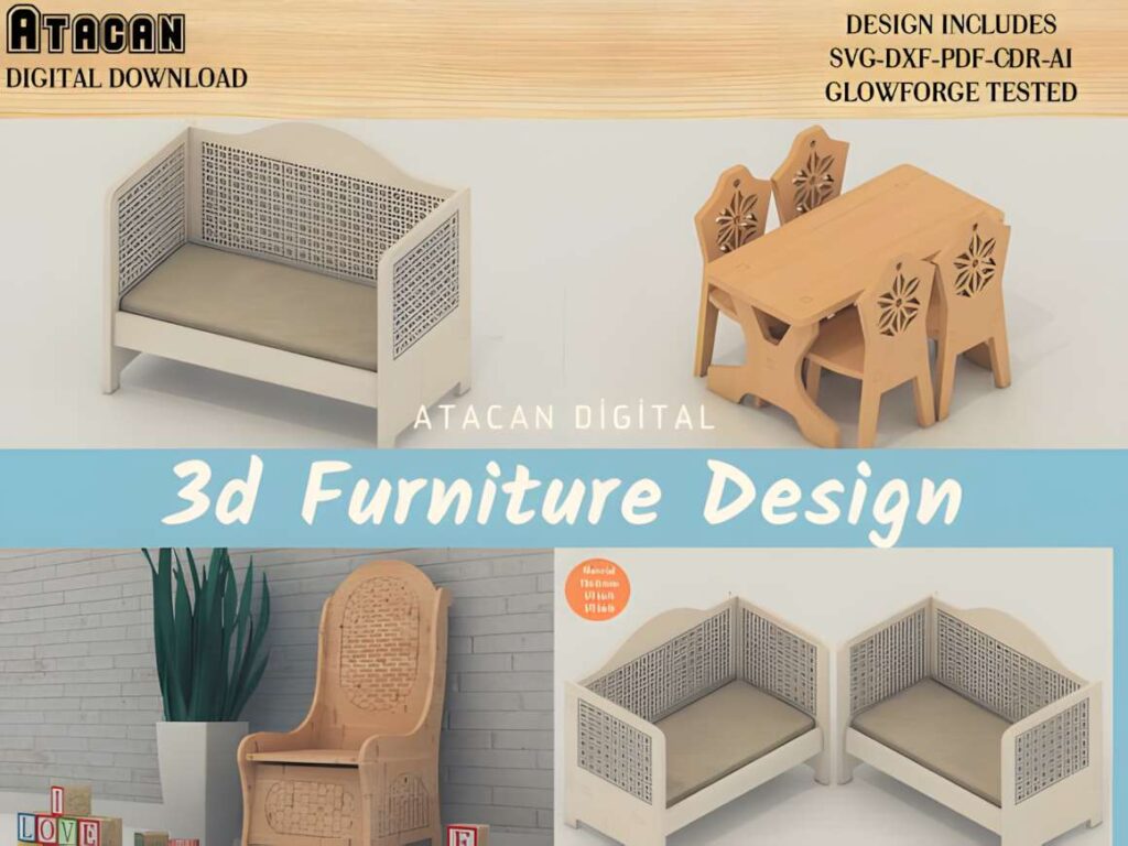 3d Furniture Bundle DollHouse Miniature 3D laser cut files for miniature dollhouse furniture including chairs and a table in various digital formats