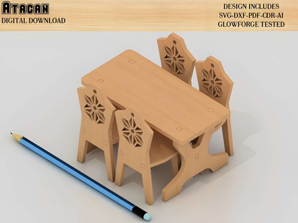 3d Furniture Bundle DollHouse Miniature Poster 5 3D laser cut files miniature wooden table and chairs set with decorative star patterns