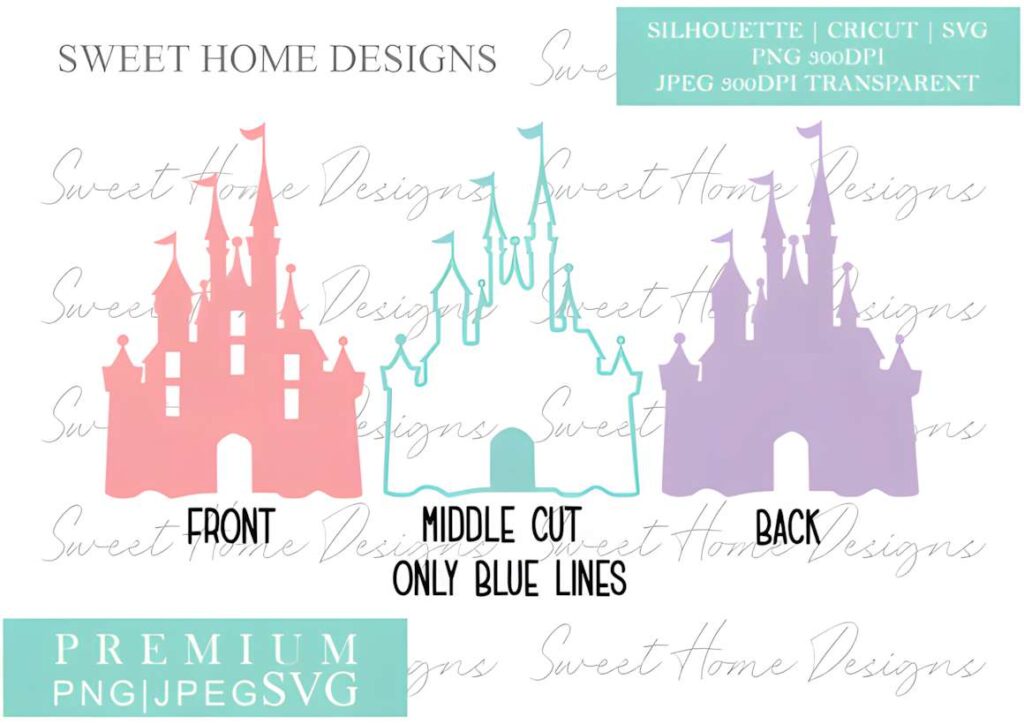 3d Princess Castle 3D laser cut files showing front, middle cut, and back views of a princess castle silhouette in pink, blue, and purple