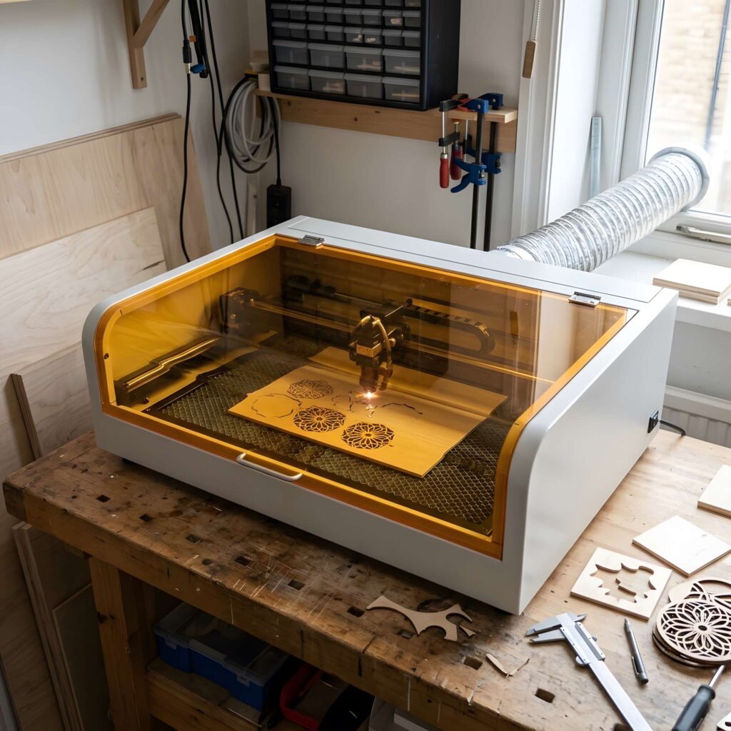 Fiber Laser vs CO2 Laser: Key Differences 3 fiber laser vs CO2 laser differences shown by a CO2 laser cutter engraving wooden designs in a workshop