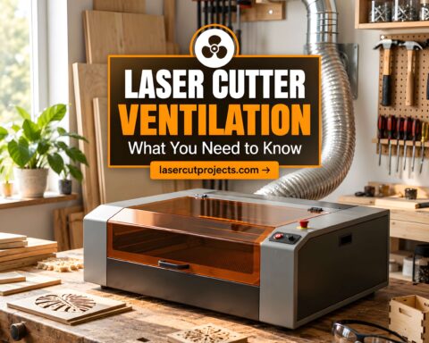 laser cutter ventilation system with metal duct connected to a laser cutter on a wooden workbench in a workshop