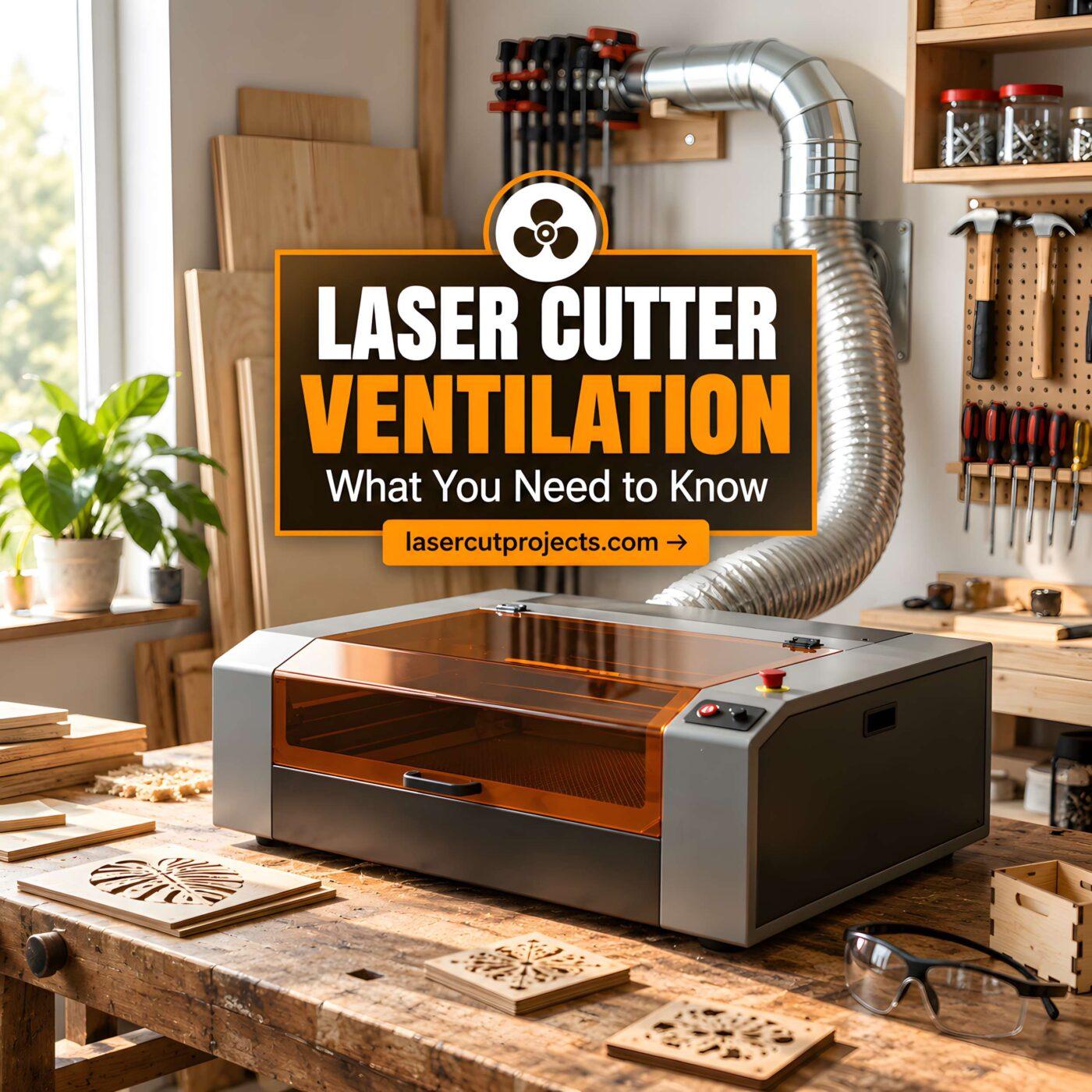 laser cutter ventilation system with metal duct connected to a laser cutter on a wooden workbench in a workshop