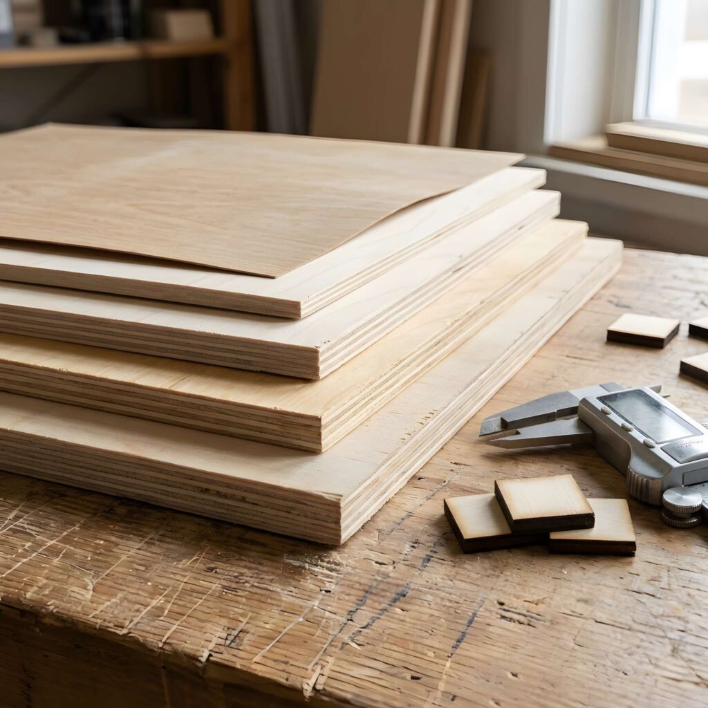 What Wood Is Best for Laser Cutting? A Complete Guide 5 Stack of plywood sheets suitable for laser cutting with caliper and small cut wood pieces on a — best wood for laser cutting