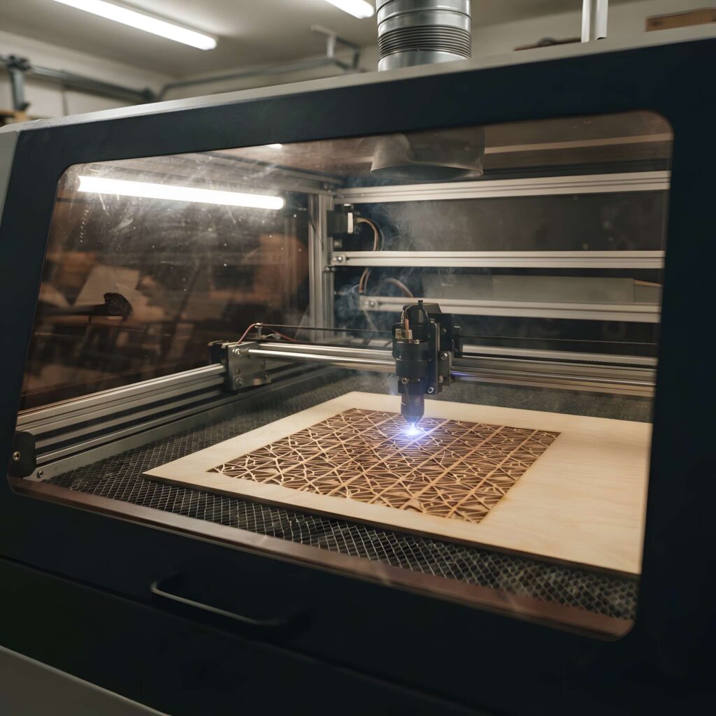 What Wood Is Best for Laser Cutting? A Complete Guide 6 Laser cutting intricate geometric patterns on wood showing best wood for laser cutting