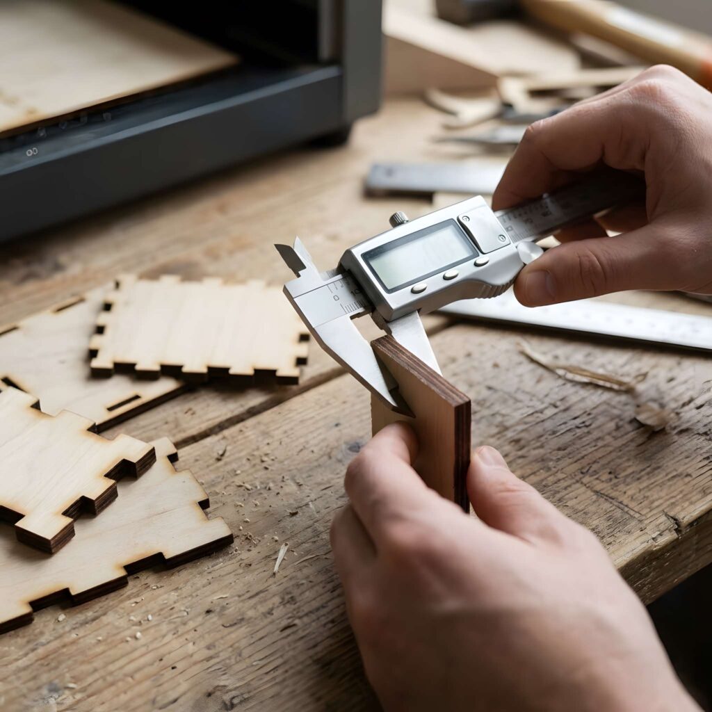 10 Common Laser Cutting Mistakes to Avoid 5 Measuring wooden parts with caliper to avoid common laser cutting mistakes to avoid in kerf and material thickness