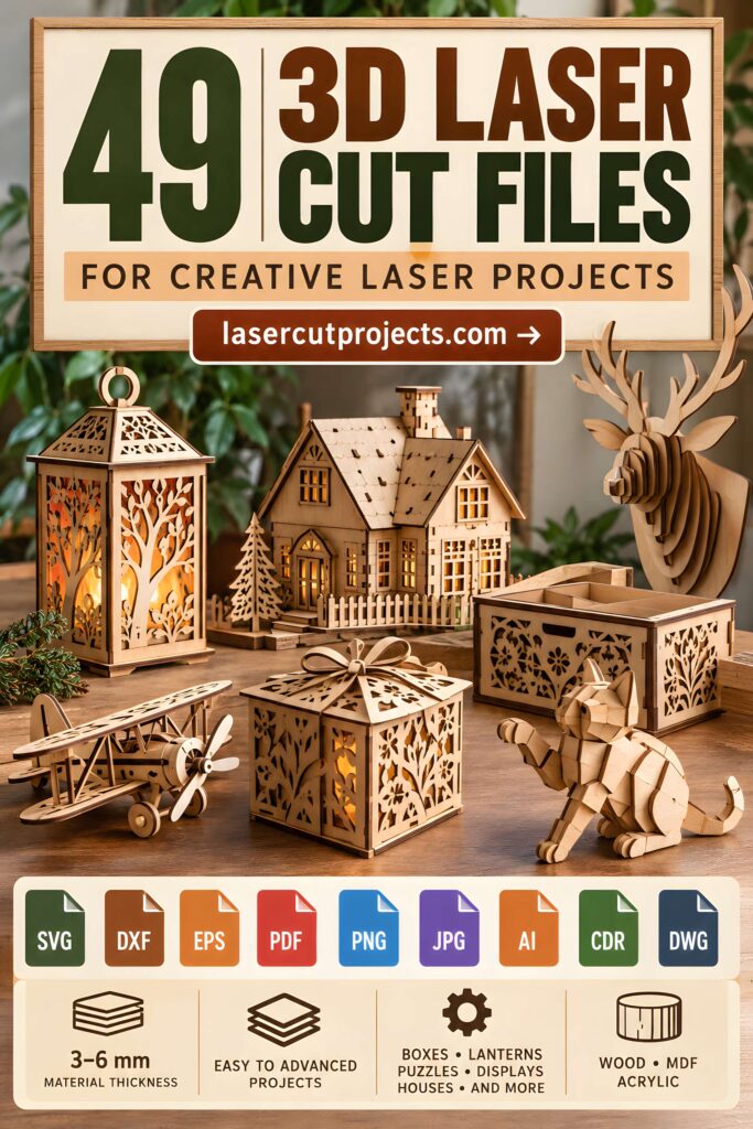 49 3D Laser Cut Files 49 3D laser cut files for creative laser projects including boxes, lanterns, puzzles, displays, and animal figures