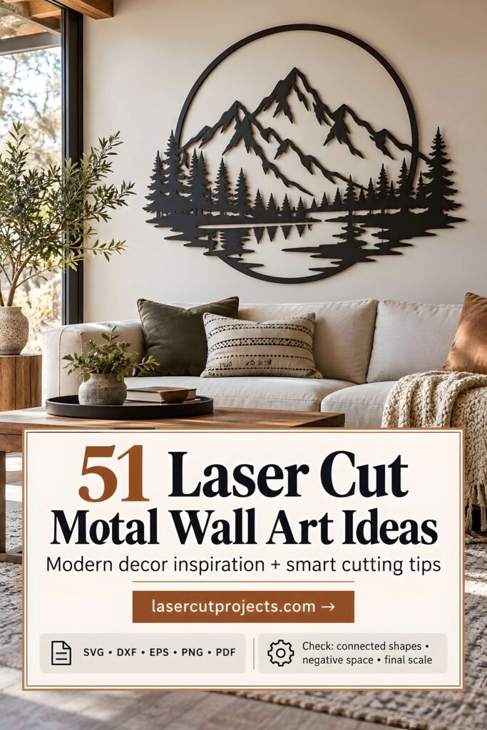 50 Laser Cut Steel Wall Art Ideas for Modern Home Decor 1 Laser cut steel wall art ideas featuring a circular mountain and forest silhouette above a modern sofa