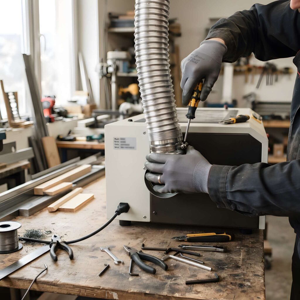 Laser Cutter Ventilation: What You Need to Know 4 Technician installing laser cutter ventilation hose on a laser cutting machine in a workshop