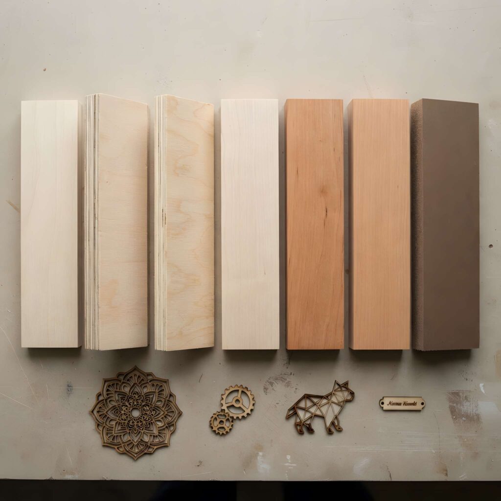 What Wood Is Best for Laser Cutting? A Complete Guide 2 Various wood types arranged in a row with laser-cut wooden crafts below illustrating best wood for laser cutting