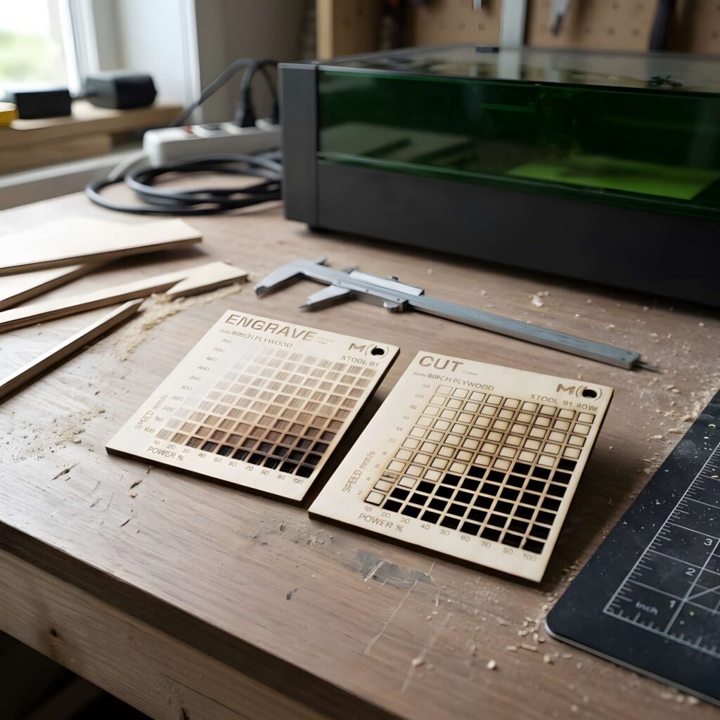 Laser Cutting Terms Every Beginner Should Know 3 laser cutting terms for beginners shown on wooden test cards with engraving and cutting power settings