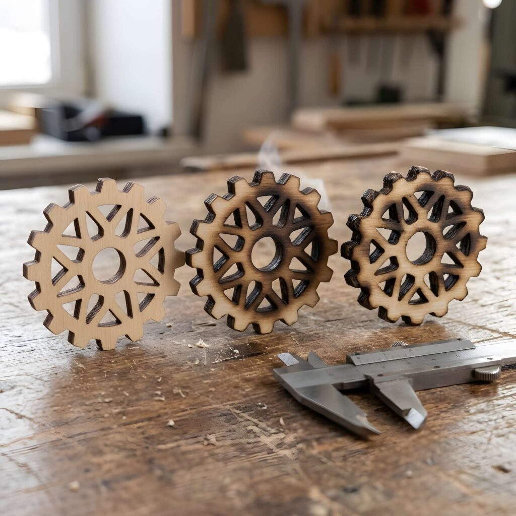 Laser Cutting Terms Every Beginner Should Know 5 laser cutting terms for beginners showing three wooden gears with varying cut quality on a workbench with caliper