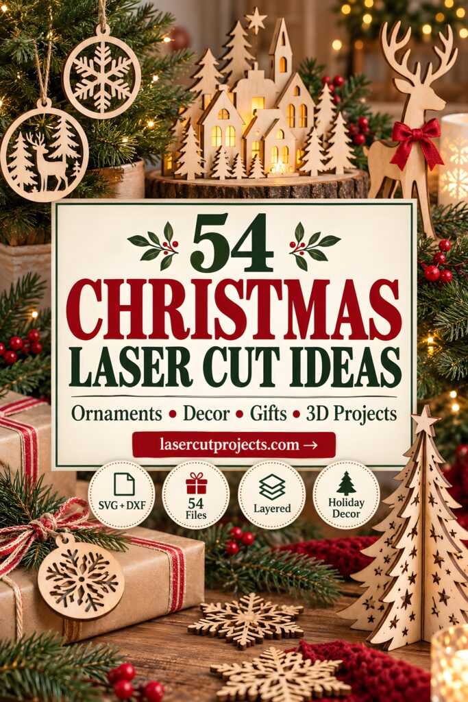 54 Christmas Laser Cut Files for Festive Laser Projects 1 Christmas laser cut files including layered ornaments, trees, snowflakes, and festive decorations on a wooden table