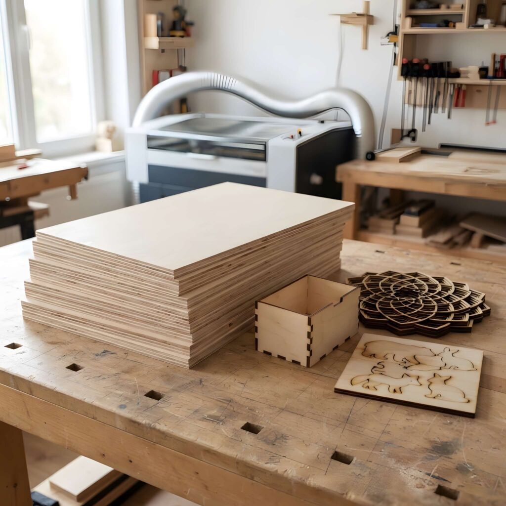 What Wood Is Best for Laser Cutting? A Complete Guide 4 Stack of birch plywood sheets and laser-cut wooden items on a workshop table showing best wood for laser cutting
