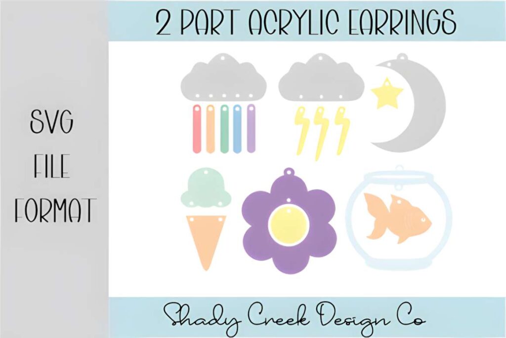 15 Laser Cut Acrylic Earring SVG Files 5 Set of 15 laser cut acrylic earring SVG files featuring two-part designs like cloud with rain, lightning, moon with star