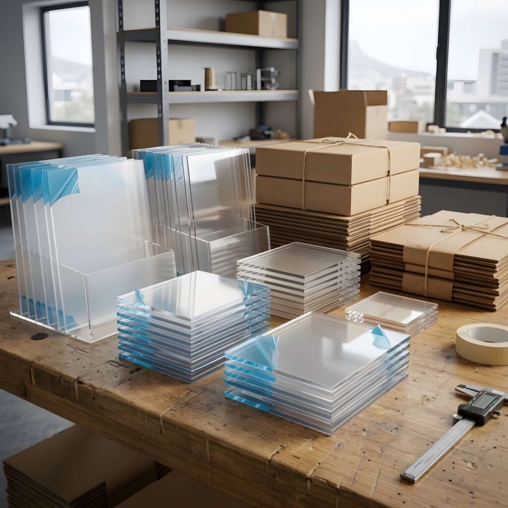 10 Common Laser Cutting Mistakes to Avoid 4 Stacks of clear acrylic sheets and cardboard boxes on a wooden table illustrating common laser cutting mistakes to avoid