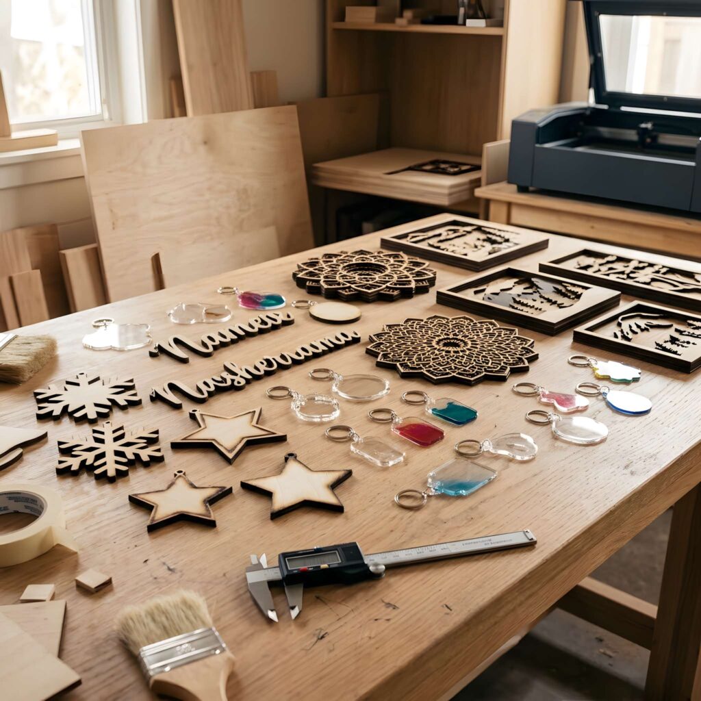 Fiber Laser vs CO2 Laser: Key Differences 5 fiber laser vs CO2 laser differences shown in wooden and acrylic craft pieces on a workshop table