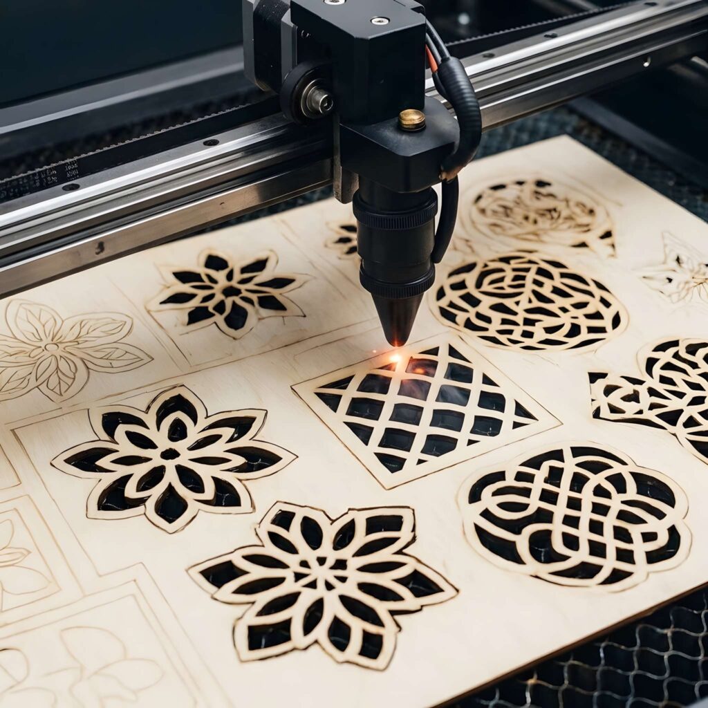 Laser Cutting Terms Every Beginner Should Know 2 Laser cutting terms for beginners showing a laser cutting intricate floral and geometric patterns on wood