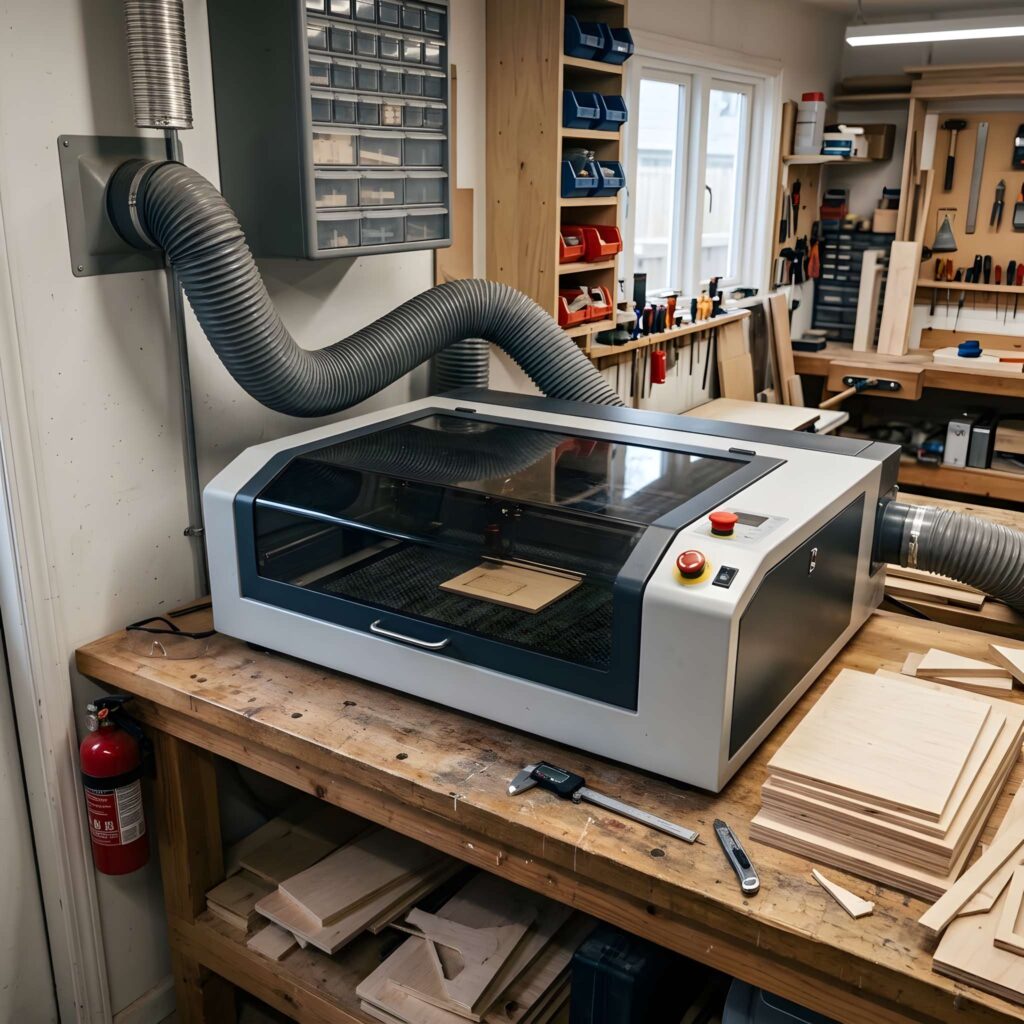 Laser Cutting Terms Every Beginner Should Know 6 laser cutting terms for beginners showing a laser cutting machine in a workshop with ventilation and safety equipment