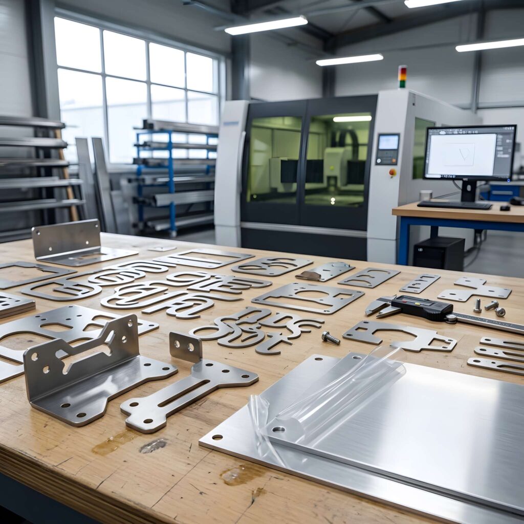 Fiber Laser vs CO2 Laser: Key Differences 6 fiber laser vs CO2 laser differences shown by various metal parts cut and engraved in a fabrication workshop