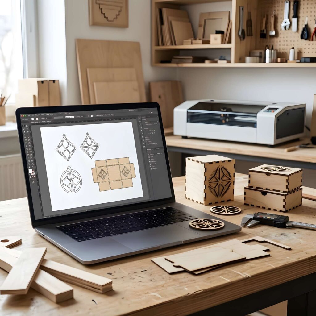 Laser Cutting Terms Every Beginner Should Know 4 laser cutting terms for beginners shown on laptop screen with wooden laser cut designs and laser cutter in workshop