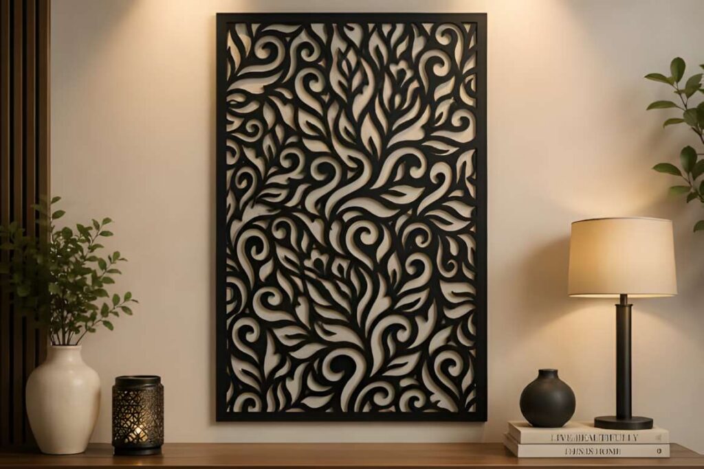 50 Laser Cut Steel Wall Art Ideas for Modern Home Decor 10 Abstract botanical laser cut steel wall art ideas with flowing leaves and organic curves in a modern room