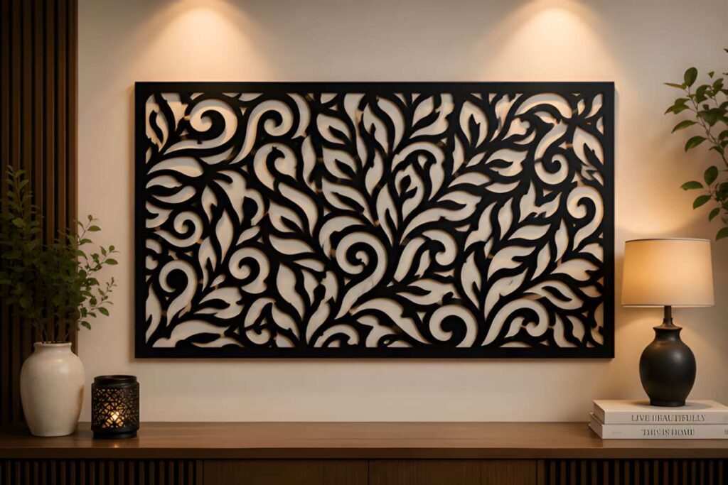 17 Laser Cut Metal Wall Art Panels for Modern Home Decor 18 Laser cut metal wall art panels with abstract botanical design featuring flowing leaves and curved organic forms