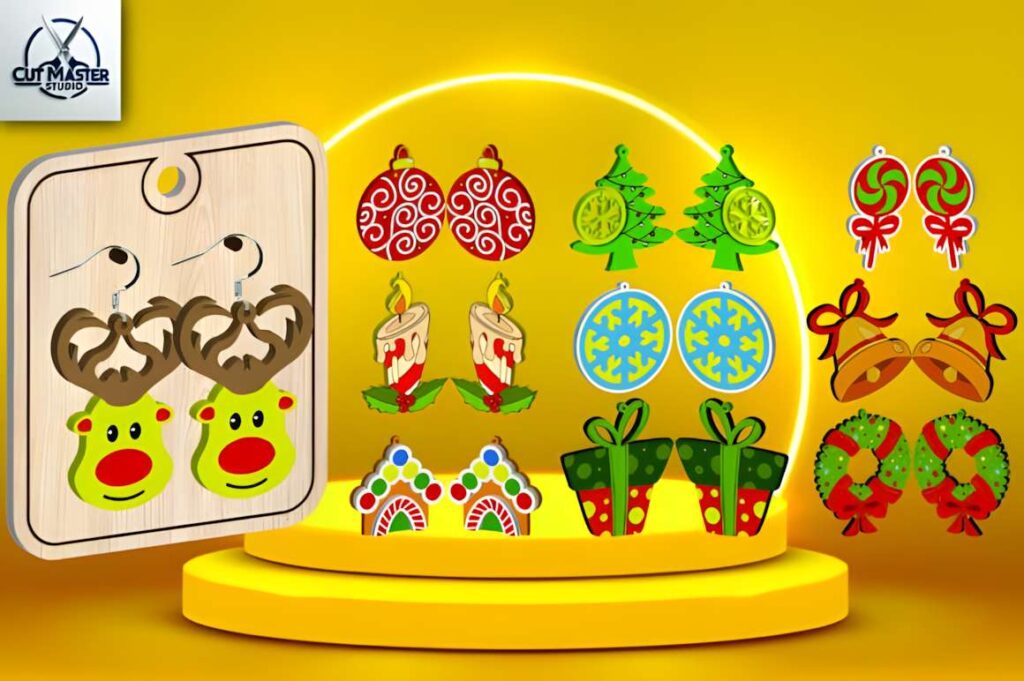 Christmas Laser Cut Ideas from a 350+ File SVG Bundle 2 Christmas laser cut ideas including reindeer earrings, ornaments, trees, candy canes, bells, wreaths, and gifts in colorful