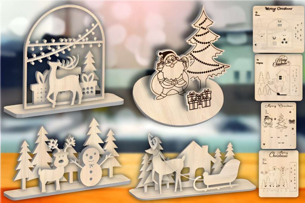 Christmas Laser Cut Ideas from a 350+ File SVG Bundle 3 Dimensional Christmas laser cut ideas including freestanding winter scenes, Santa with tree, reindeer with sleigh, and