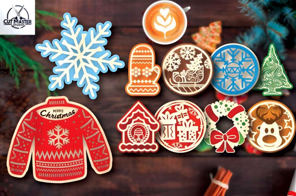 Christmas Laser Cut Ideas from a 350+ File SVG Bundle 6 Christmas laser cut ideas featuring festive cookies shaped like a snowflake, mitten, sweater, wreath, and holiday-themed