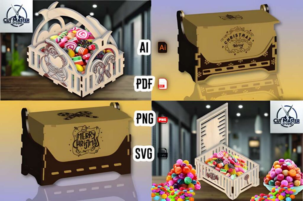 Christmas Laser Cut Ideas from a 350+ File SVG Bundle 4 Dimensional Christmas laser cut ideas including freestanding candy boxes with intricate designs and festive engravings