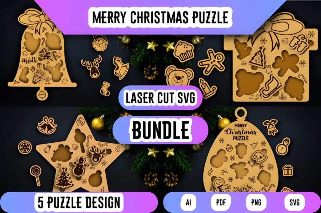 Christmas Laser Cut Ideas from a 350+ File SVG Bundle 5 Christmas laser cut ideas showing five different wooden puzzle designs with festive shapes and decorations