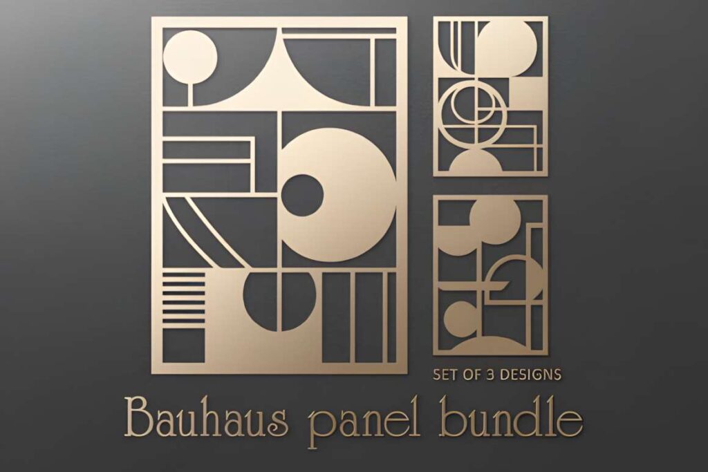 17 Laser Cut Metal Wall Art Panels for Modern Home Decor 12 Laser cut metal wall art panels featuring three Bauhaus abstract geometric designs in a beige tone on dark background