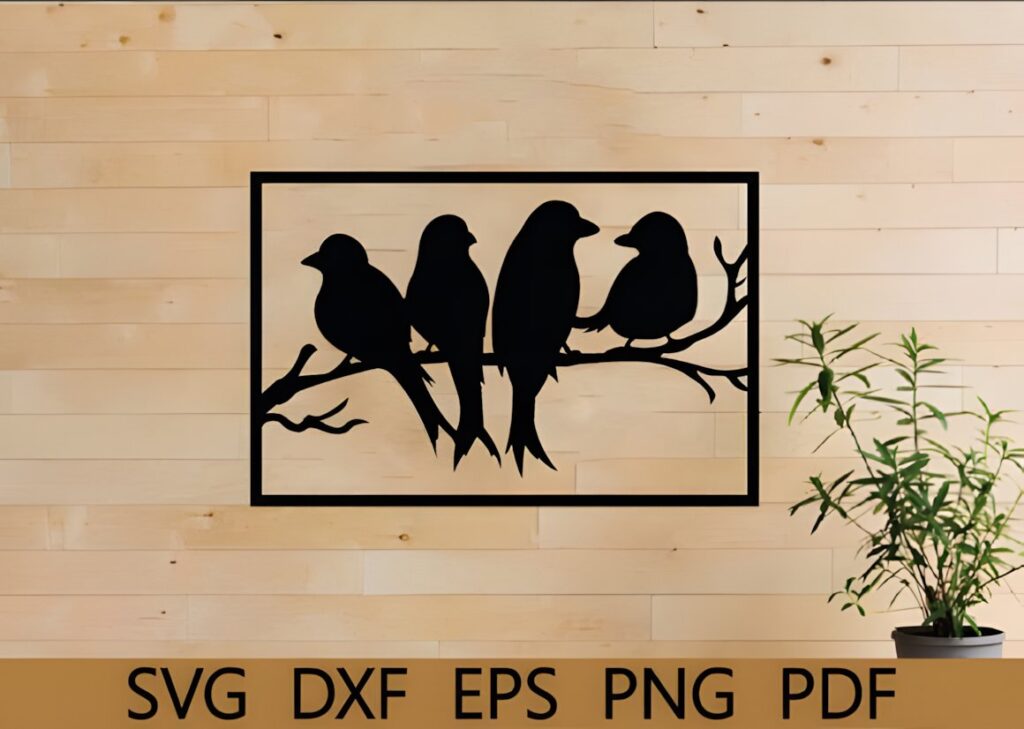 29 Laser Cut Metal Wall Art Ideas for Modern Home Decor 11 Laser cut metal wall art ideas featuring a bird decor silhouette with four birds on a branch in a rectangular frame