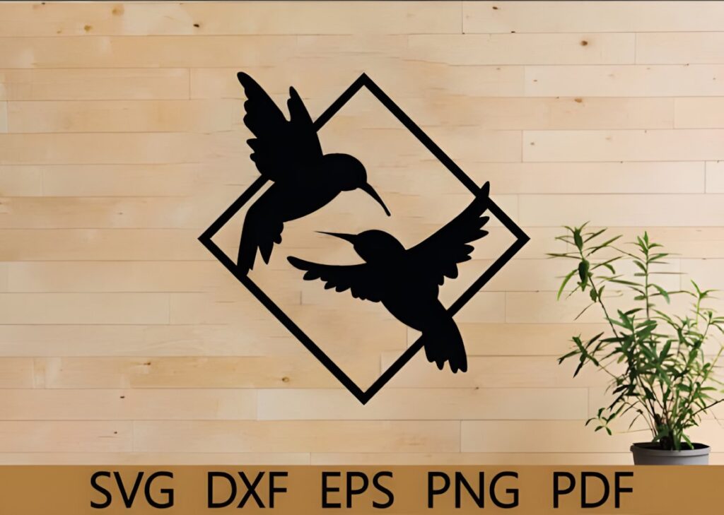 29 Laser Cut Metal Wall Art Ideas for Modern Home Decor 13 Laser cut metal wall art ideas featuring two hummingbirds inside a diamond frame on a wooden wall