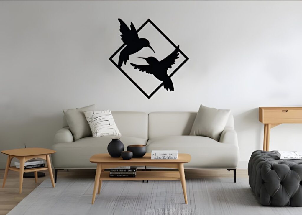 29 Laser Cut Metal Wall Art Ideas for Modern Home Decor 14 laser cut metal wall art ideas featuring two birds inside a diamond frame above a modern sofa