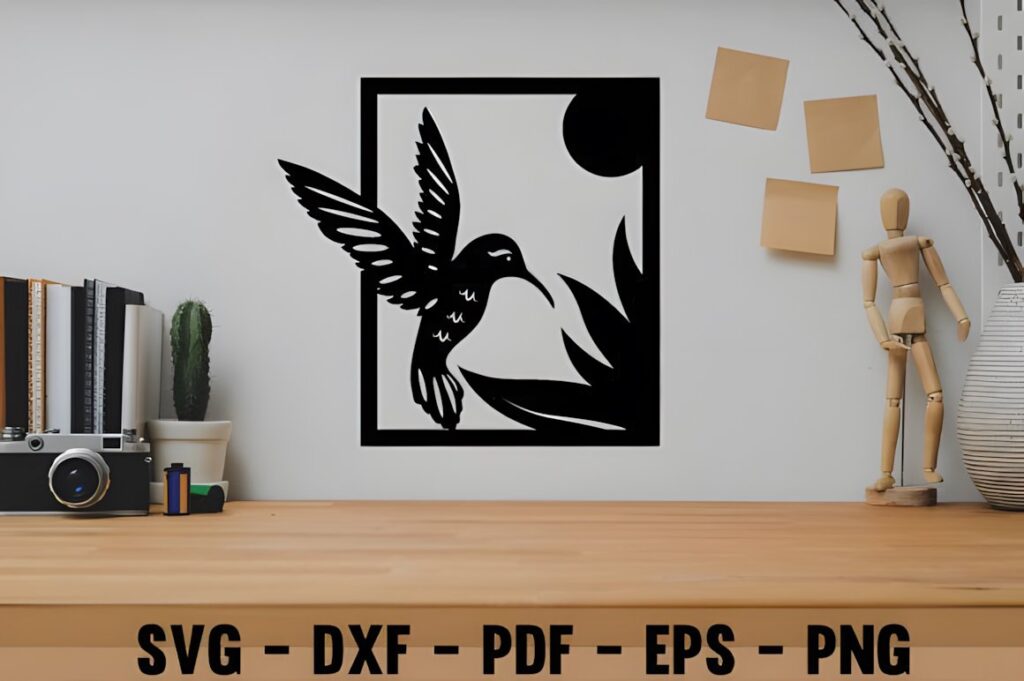 29 Laser Cut Metal Wall Art Ideas for Modern Home Decor 38 Laser cut metal wall art ideas featuring a bird and flower design in black silhouette on a white wall above a wooden desk