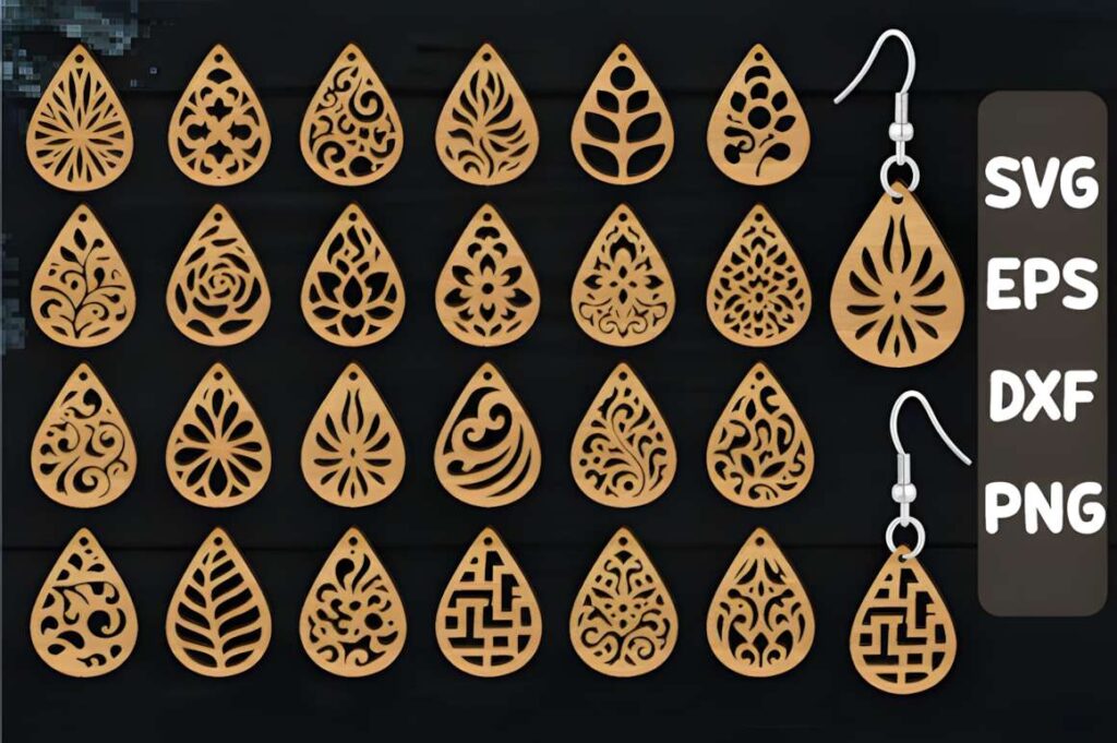 Laser Cut Teardrop Earring SVG Bundles Laser cut teardrop earring SVG bundles showing 24 intricate teardrop designs in wood material with hooks