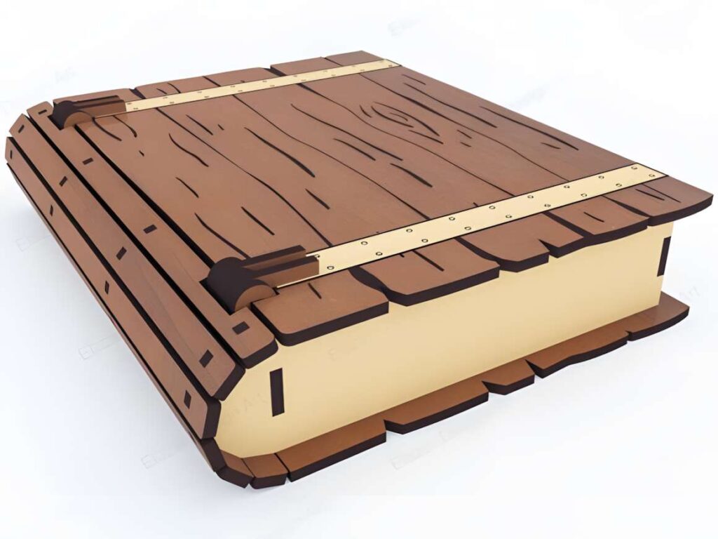 Book Box Laser Cut Svg Files Gift Box Poster 5 3D laser cut files for a book-shaped box with wood texture and metal strap details