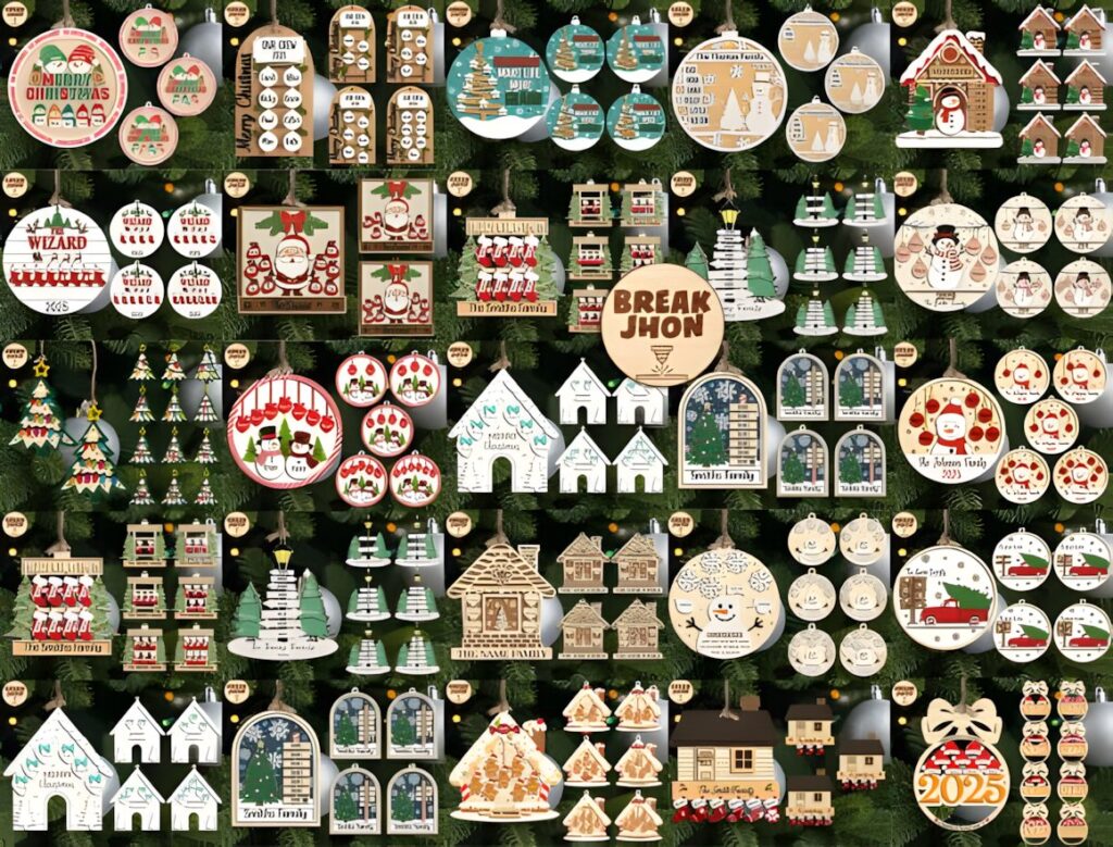 54 Christmas Laser Cut Files for Festive Laser Projects 7 Christmas Laser Cut Files showing customizable multilayer family and name ornaments including gingerbread houses, snowmen