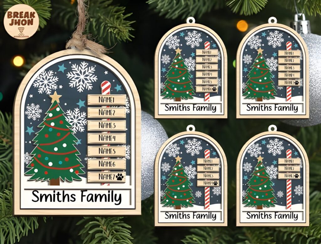 54 Christmas Laser Cut Files for Festive Laser Projects 8 Christmas Laser Cut Files personalized family ornament with Christmas tree, snowflakes, and name tags