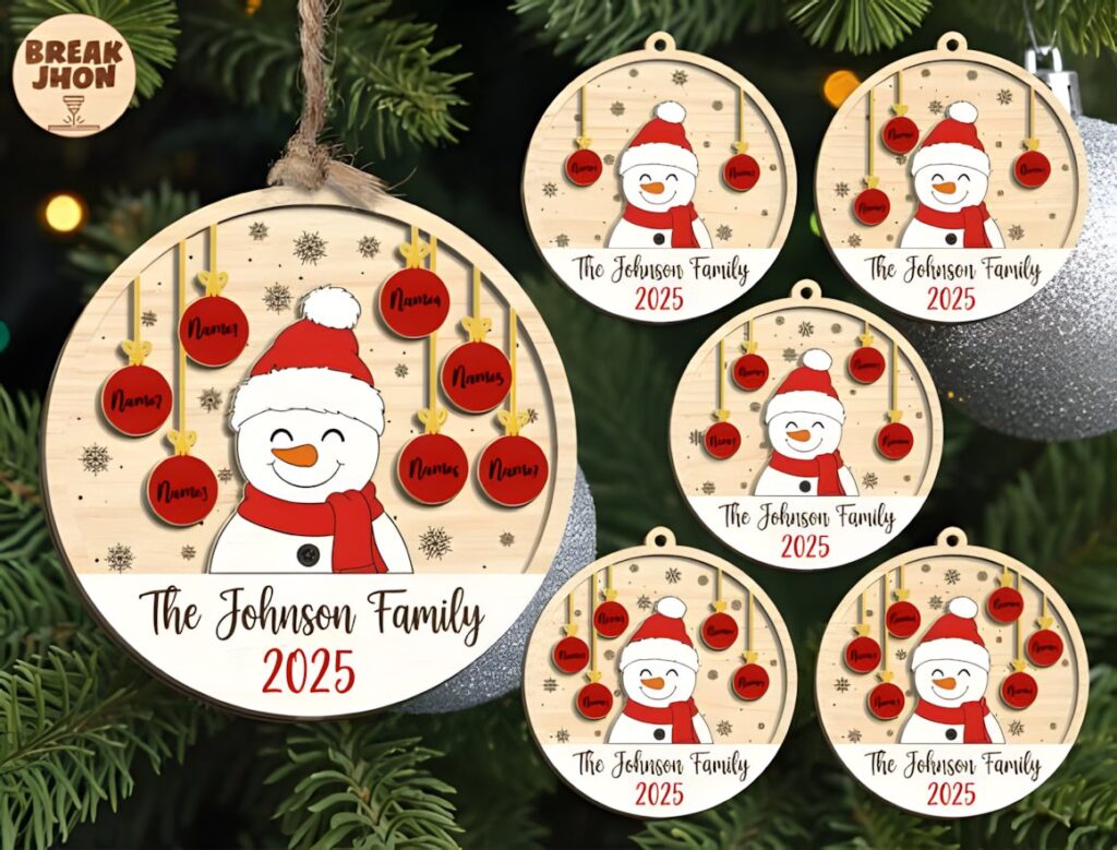 54 Christmas Laser Cut Files for Festive Laser Projects 9 Christmas Laser Cut Files showing personalized snowman family ornaments with names and year 2025