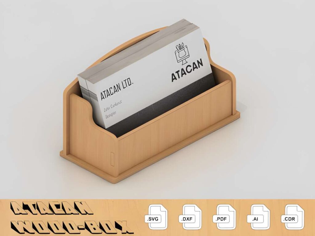 15 Laser Cut Business Card Holder SVG Files 7 laser cut business card holder made from light wood holding business cards on a white surface