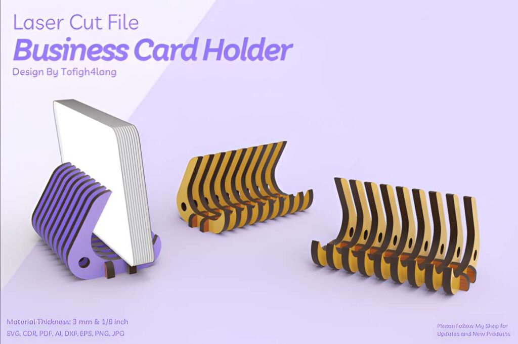 15 Laser Cut Business Card Holder SVG Files 21 Laser cut business card holder design showing three variations in purple and wood tones for custom desk display