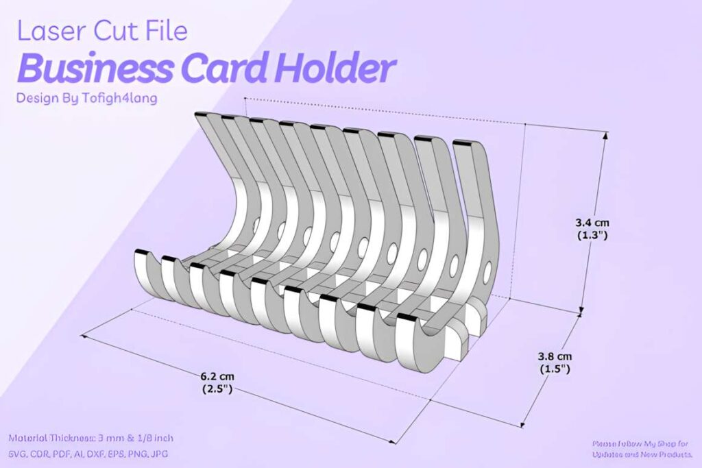 15 Laser Cut Business Card Holder SVG Files 22 3D rendered laser cut business card holder with dimensions 6.2 cm width, 3.4 cm height, and 3.8 cm depth