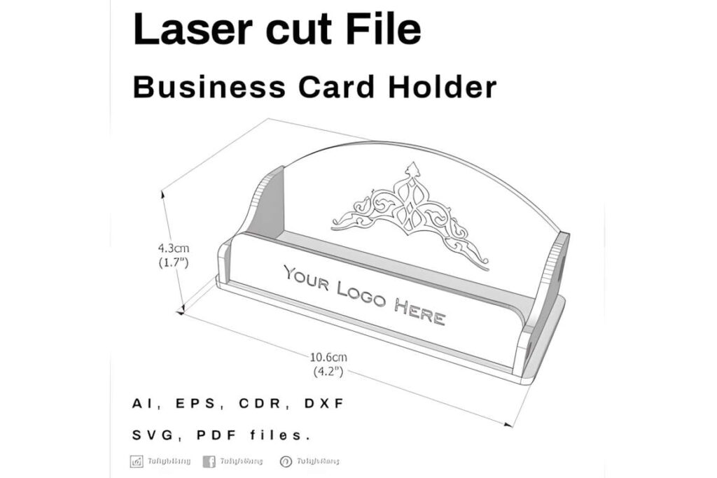 15 Laser Cut Business Card Holder SVG Files 18 Laser cut business card holder design with decorative top and customizable logo space, dimensions 10.6 cm by 4.3 cm
