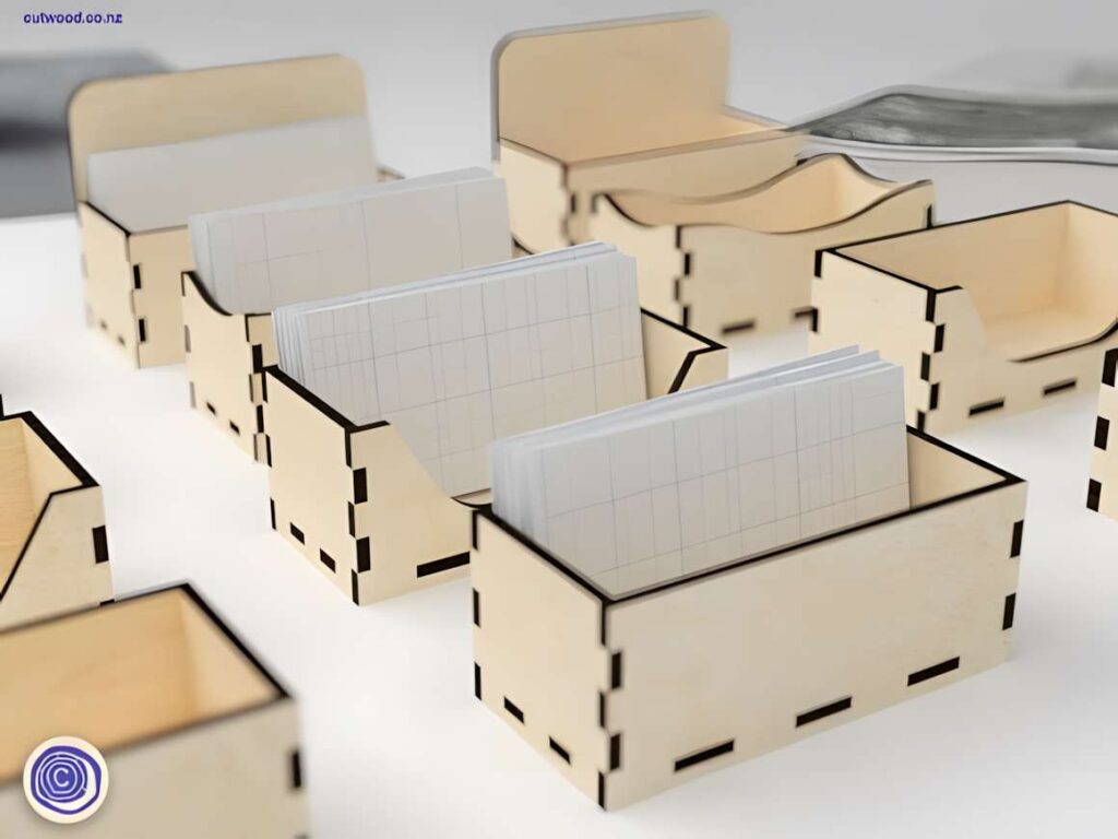 15 Laser Cut Business Card Holder SVG Files 14 Laser cut business card holder designs made of light wood with interlocking edges, holding cards in various styles