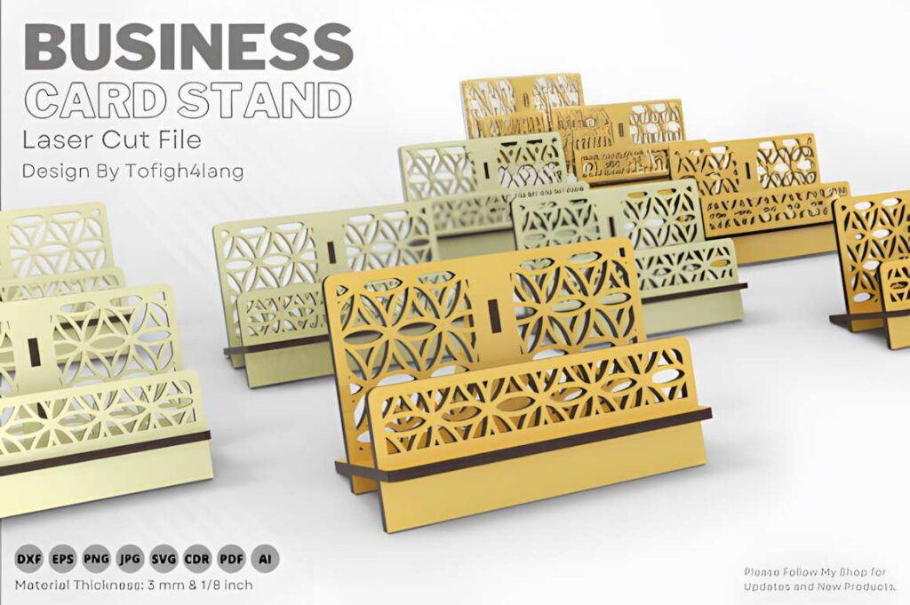 15 Laser Cut Business Card Holder SVG Files 10 Laser cut business card holder with intricate geometric patterns in wood and acrylic finishes