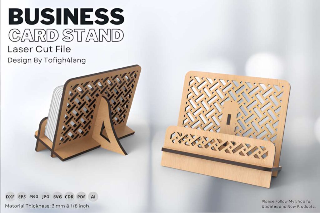 15 Laser Cut Business Card Holder SVG Files 5 Laser cut business card holder made from 3 mm wood with intricate geometric patterns, shown from front and back angles
